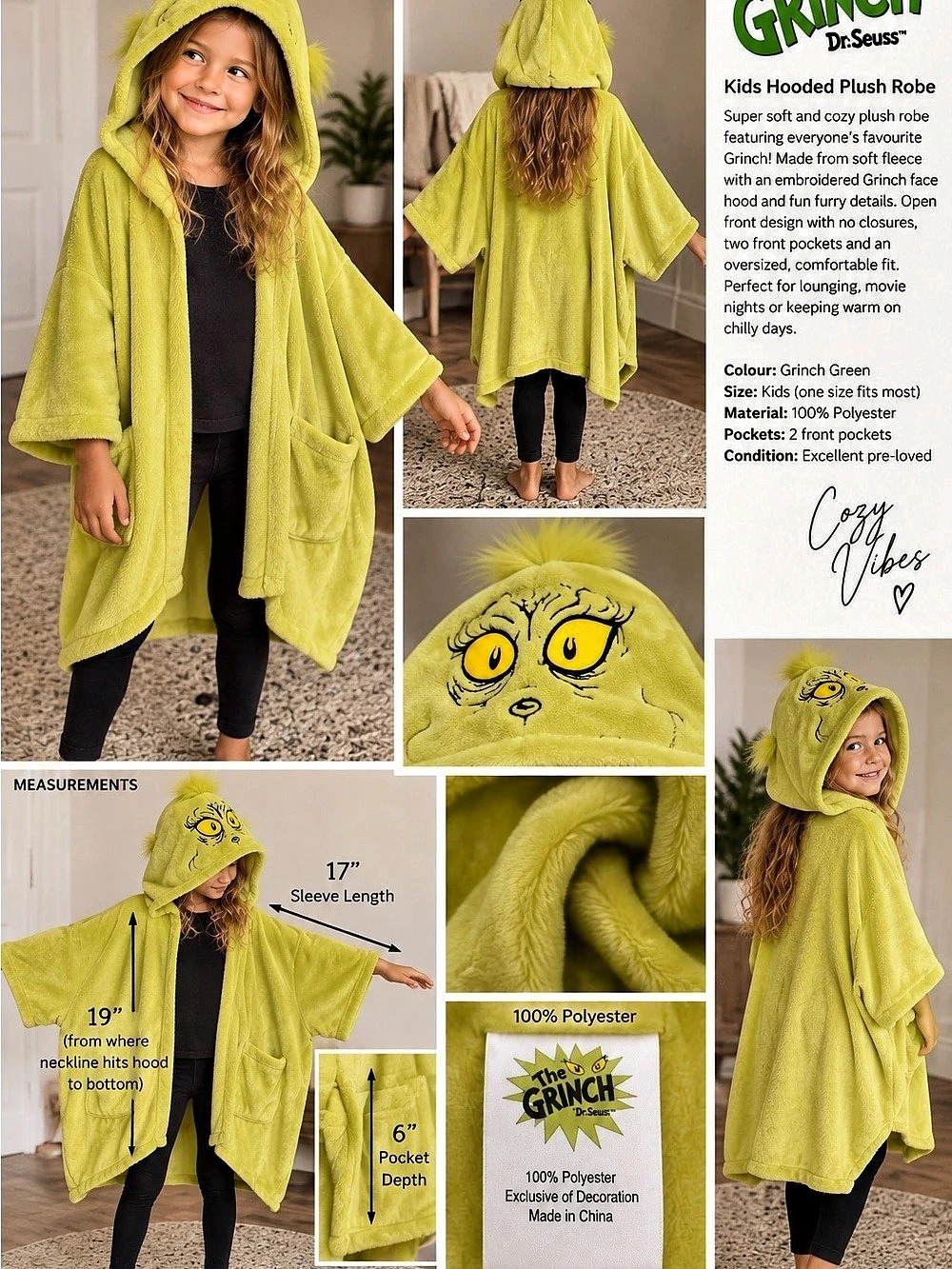 The Grinch by Dr. Seuss Kids Hooded Plush Robe Green Girls 6X Like New